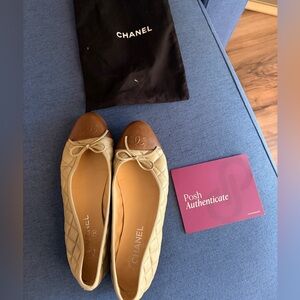 USED CHANEL Cream and Brown Quilted Flats